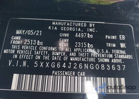 2022 Kia K5 Gt-Line z USA, uszkodzony, nr VIN 5XXG64J26NG083637